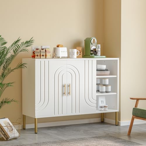 DAWNYIELD Versatile Credenza, Mobile da Appoggio Multiuso, Buffet 2 Porte 3 Ripiani, Mobile Multiuso con Texture Curva per Soggiorno/Cucina, Colore Crema, 110x35x82 cm