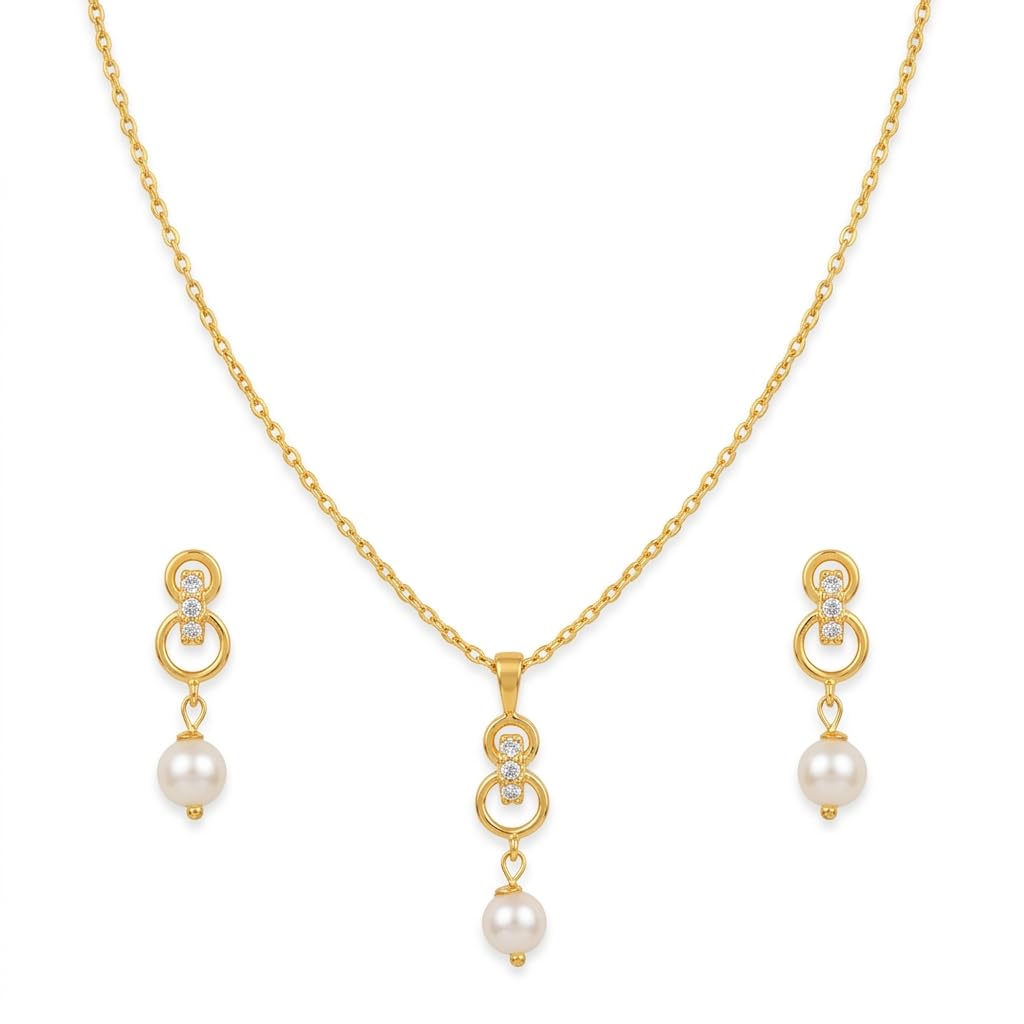 chandrani pearls White Pearl Pendant Set for Women | Gold Plated Chain (26cm) & Earrings | 2mm Pearl CZ Detail | Minimalist Hypoallergenic Jewelry (D0004A)-picture-50