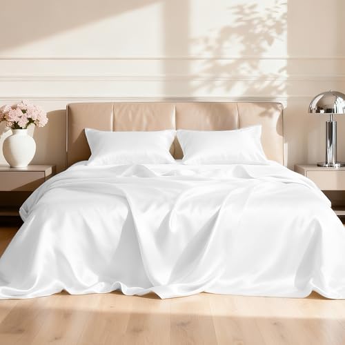 Image of Love's cabin Satin King Sheet Sets - 4 Piece White Silky Sheets King Size Bed Set with Deep Pocket, Luxury Silk Feel King Size Satin Sheet Set (1 Flat Sheet,1 Fitted Sheet,2 Pillow Cases)
