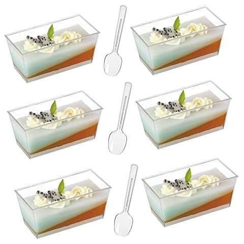 50 Pcs Mini Plastic Square Dessert Cup,4.75oz Transparent Square Shot Glass,for Jelly Yogurt Pudding Mousse Ice Cream(with 50 Scoops) Cover
