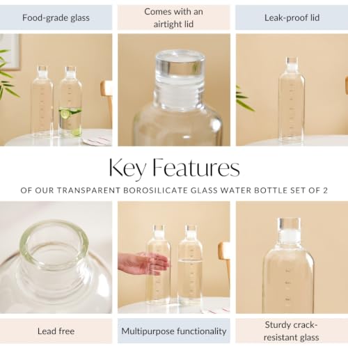 Image of Nestasia Glass Water Bottle Set of 2 (780ml Each) | Leakproof Glass Bottle Set with Airtight Screw Cap for Juice, Milk, Detox Water, Office & Daily Use | Transparent & Durable Fridge Water Bottle