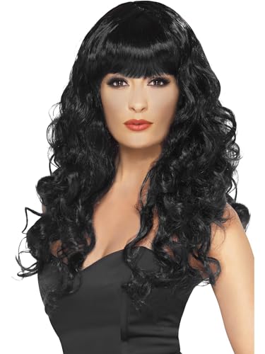 Smiffys Peluca de sirena, negra, larga, rizada con flequillo