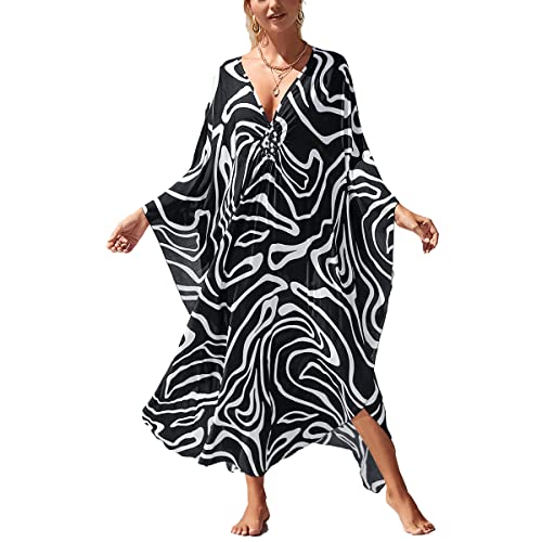 Image of sunforyou Kaftan Dresses for Women Plus Size Lightweight Swimsuit Cover up Batwing Sleeve Print Loungewear Beach Robe