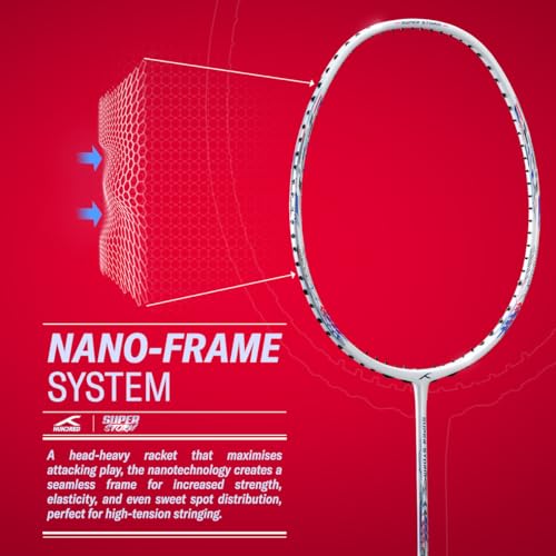 Hundred Super Storm Strung Badminton Racket with Full Cover | 77 Grams | Maximum Tension ≤32 (White) 4 417Bau+RGLL