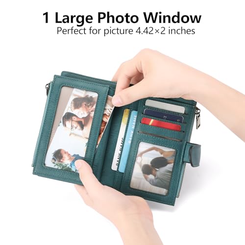 Image of GOIACII Womens Wallets RFID Blocking Leather Trifold Clutch Wallet Credit Card Holder Ladies Purse 3 ID Windows Teal