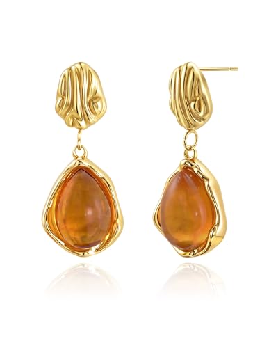 Hypoallergenic Amber Dangle Drop Earrings | 14K Gold Plated Brown Jewelry | Teardrop Gift for Boho Weddings, Sensitive Ears & Nature Lovers