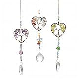 Maitawa Sonnenfänger Set mit Lebensbaum & Lebensblume - 3 Stück Heilsteine Deko aus Chakra Kristall und Zinklegierung, Heilende Fensterdeko als Hängender Schmuck für Zuhause, Garten, Auto und Esoterik