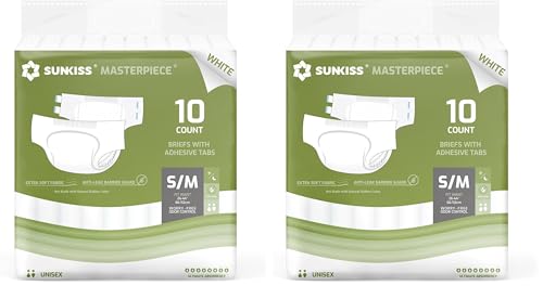 Image of SUNKISS Masterpiece Adult Diapers with Tabs, Unisex Disposable Incontinence Briefs for Women and Men, Odor Control, White, Small /Medium, Previously Medium, 10 Count (Pack of 2)