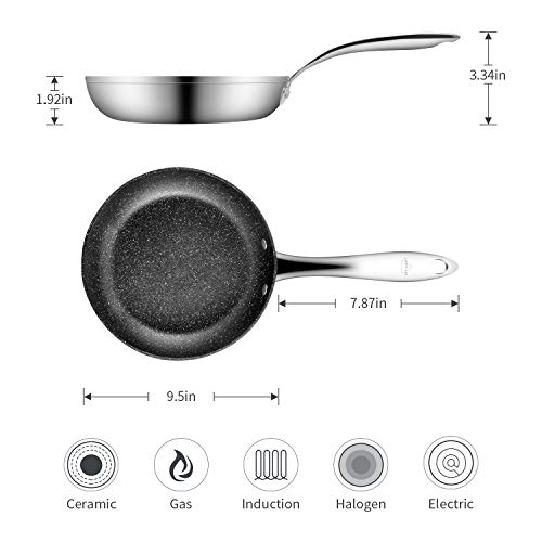 Stainless Steel Opening Skillet, 9.5 inch Nonstick Deep Fry Pan Tri-ply 430 Steel Omelet Pan Frying Pan Dishwasher Safe Oven Safe No-stick Cookware/Gift Box Included