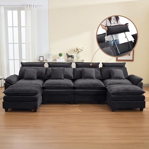 Image of 134'' Cloud Modern 4 Seater Couch with Detachable Headrest, Modular Sectional Sofa with 2 Ottoman, Oversized U Shape Chenille Comfy Sofa with Armrests for Living Room, Dark Grey