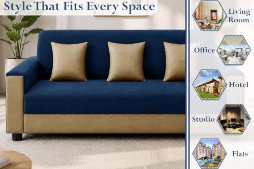Image of 3 Seater Wooden Sofa | Velvet Fabric Couch with Cushions | Comfortable Living Room Sofa | Sturdy Wooden Frame | Home & Office Furniture | Blue & Beige