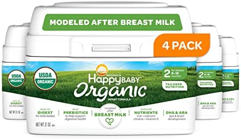 Happy Baby Organic Infant Formula with Iron Milk Based Powder Stage 2 for Babies 6-12 Months, No Corn Syrup Solids, No Carrageenan, Certified USDA Organic, Non GMO, 21 Ounce (Pack of 4)