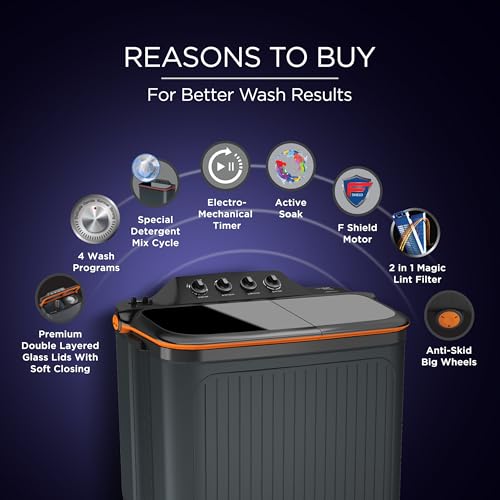 Image of Lloyd 8 kg 5 Star Semi Automatic Top Load Washing Machine |Toughened Glass Soft Closing Wash & Spin Lids (GLWMS80AVGEL, Dark Grey)