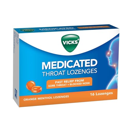 Image of Vicks Medicated Throat Lozenges, 16 Lozenges, Orange Menthol Flavor, Fast Sore Throat & Blocked Nose Relief, Portable and Effective, Essential for On-the-Go Cough and Cold Comfort