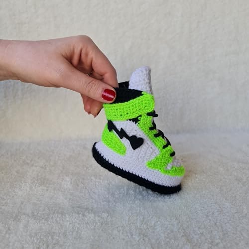 Neon Green Handmade Crochet Baby Booties Sneakers - Retro Newborn Basketball Outfit - Perfect New Baby Customizable Design4
