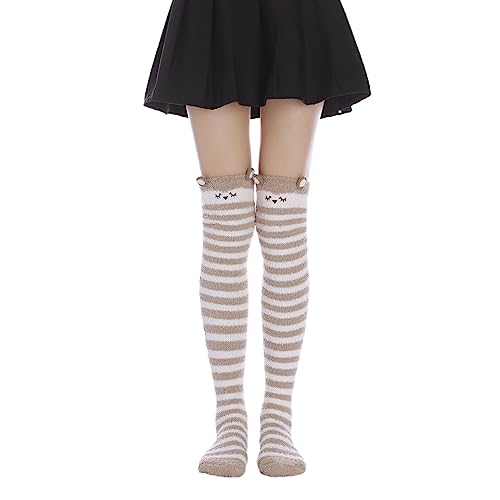 Image of Thigh High Fuzzy Socks Cute Animal Coral Fleece Over the Knee Thigh High Long Stockings Warm Stripe