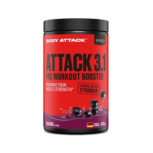 Body Attack PRE WORKOUT BOOSTER – Johannisbeere Cassis, 600 g - Hochdosierter Pump Booster mit Koffein, L-Arginin, Taurin & Creatin - Speziell entwickelt für Bodybuilding & Muskelaufbau Training