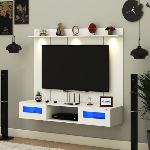 Image of Anikaa Orilo Wall Mounted PVC Back Panel TV Unit with Spot & Blue Ambient LED Light - Acrylic Storage Box, Display Shelf & Soft-Close Hinges | Ideal for UP to 50 Inch TV (White - DIY Installation)