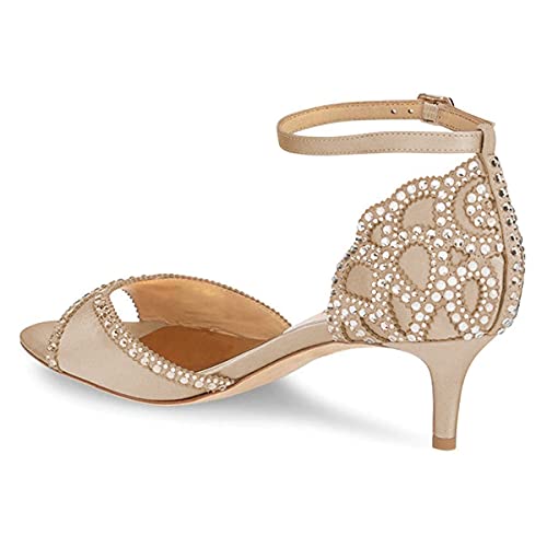 XYD Women's Sandals, Chic Peep Toe, D'Orsay Kitten Low Heels, Rhinestone Studs, Ankle Strap Satin Shoes for Wedding Ballroom2