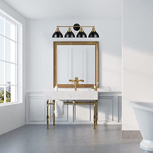 Image of Design House Savannah Rustic Farmhouse 4-Light Bathroom Vanity Light, Dimmable, Satin Gold, Matte Black Metal Shade, 34.25 in x 9 in x 10.88 in, 589051-BGD