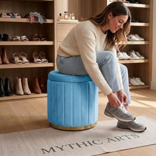 Image of Superior Round Storage Ottoman Stool 13 X 13X 16 inch, with Gold Metal Base | Elegant Pouffe with Secret Storage | Cushioned Footrest for Living Room, Bedroom, and Lounge Sky Blue