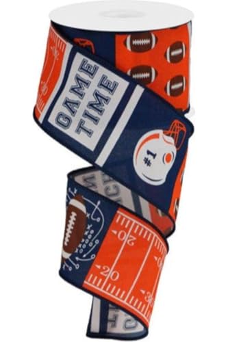 Navy and Orange Football Block Pattern Wired Edge Ribbon (2 1/2 inch x 10 Yards) Sports Decor, Crafting, Wreath, Bow, Decorating Ribbon