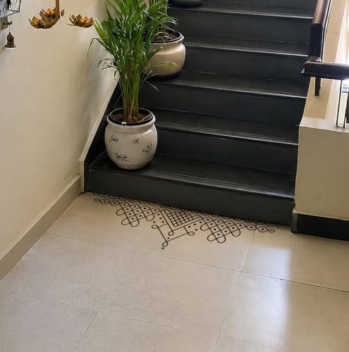 Image of WallDesign Heritage Muggulu Kolam Black Matte Traditional Rangoli Floor Sticker for Entrance Threshold, Doorstep & Pooja Room, Self Adhesive Vinyl Art, 30x9 Inch (Pack of 2)
