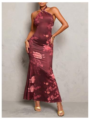 Image of GORGLITTER Women's Open Backless Wedding Guest Dress Ruch Sleeveless Ribbed Bodycon Halter Maxi Dresses