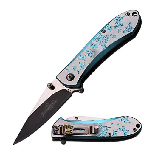 FEMME FATALE FF-A010LB Spring Assist Folding Knife, Two-Tone Straight Edge Blade, Blue & Silver Handle, 4" Closed
