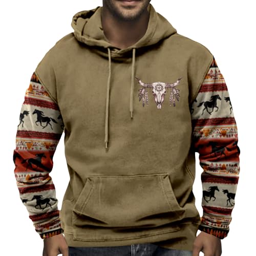 Bengbobar Mens Aztec Hoodie Western Hoodies Cowboy Hooded Sweatshirt Long Sleeve Bull Print Drawstring Pullover with Pocket