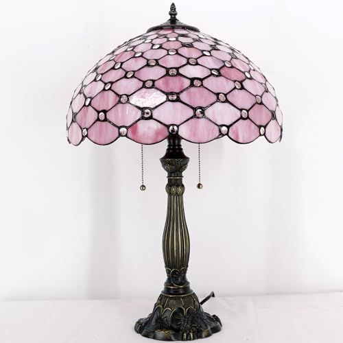 Image of Tiffany Table Lamp Stained Glass Bedside Lamp Pink Desk Reading Light 24 inch