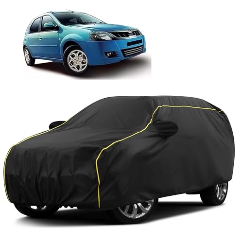 Image of Sulfar 100% Water Resistant Car Body Cover Compatible with Mirror for Mahindra Verito Vibe (Triple Stitched, Full Bottom Elastic, Black Taffeta with Yellow Piping)