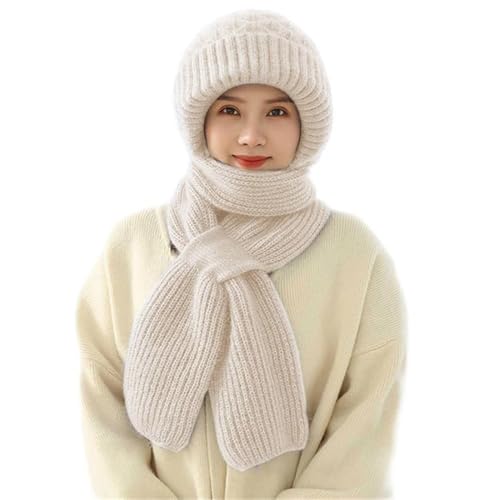 YJWZ Integrierter Gehörschutz Winddichte Mütze Schal,2 in 1 Winddichter Mützenschal Niedlich Mütze Schal Set Damen mit Brosche Winter Warm Strickmütze, Kapuzenschal für Frauen