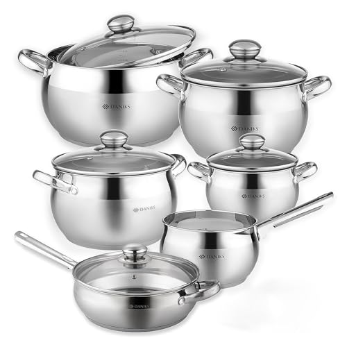 Daniks Classic 11-Piece Stainless Steel Cookware Set with Glass Lids, Includes Saucepan and Frying Pan with Lid, Tri-Ply Bases for Even Heating, Induction Compatible, Dishwasher Safe by Daniks - Used condition - US$85.64