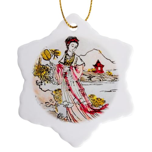 3dRose Linterna mágica de Color a Mano con Geisha y Pagoda Japonesa Vintage de 3 Pulgadas, Adorno de Porcelana de Copo de Nieve