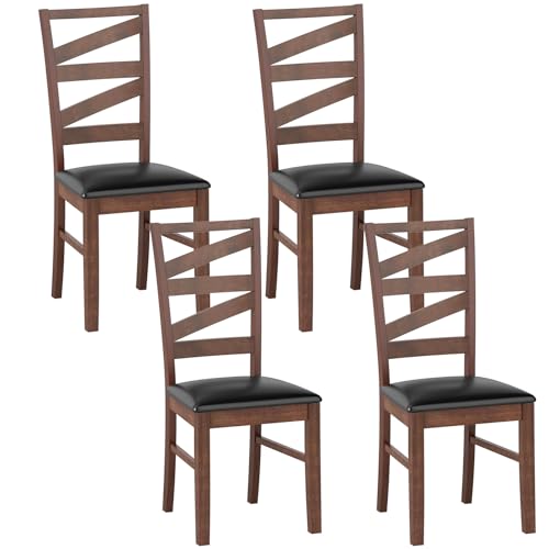 Image of COSTWAY Wooden Dining Chairs Set of 4, Farmhouse Kitchen Side Chair with High Back, PVC Leather Padded Seat, Armless Chairs for Dining Room, Living Room, Home Kitchen, Restaurant (Walnut & Black)