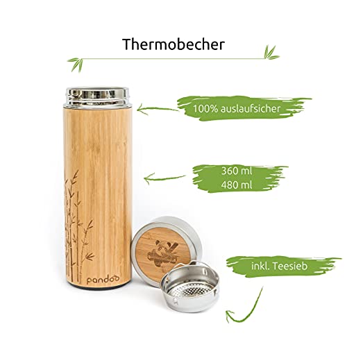 pandoo bamboe thermo beker | dubbelwandige thermo fles, reis mok, thee maker, thee fles, drinkfles met rvs theezeefje | BPA-vrij | Thee to-go - Image 5