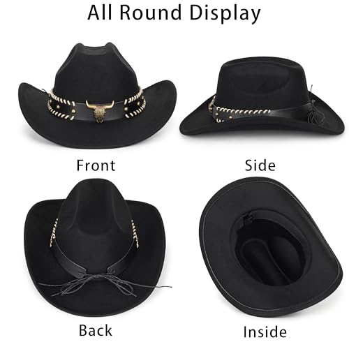 Image of Wide Brim Men and Women's Western Cowboy Hat Fedora-Jazz-Hat with Bull Head Band Decoration