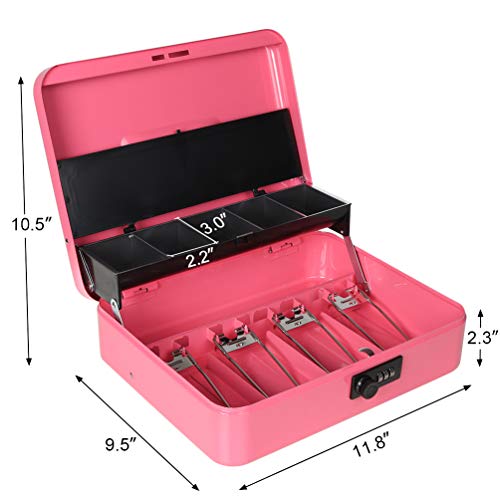 Cash Box With Money Tray And Combination Lock, Parrency Large Money Box, 5 Compartments With Cover For Cions & 4 Spring-Loaded Clips For Bills, 11 4/5" X 9 2/5" X 3 1/2", Pink #TOP1