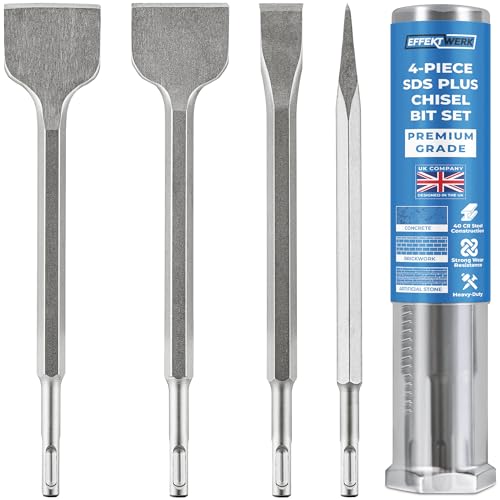 EffektWerk - SDS Plus Chisel Bit Set - 4 Pc - 1 Flat 1 Pointed 1 Scaling & 1 Tile Chisel - Heavy-Duty for Concrete Demolition & Masonry Removal - Use with Hammer & Impact Drills
