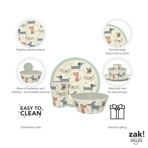 Image of Zak Designs Kids Dinnerware Set 3 Pieces, Durable and Sustainable Melamine Bamboo Plate, Bowl, and Tumbler are Perfect For Dinner Time With Family (Dog)