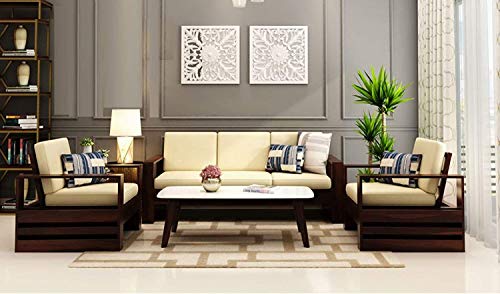 Image of BN Furniture Solid Sheesham Wood Sofa Set 6,5,3&2 Seater Cushioned Back for Living Room Stylish, Durable & Comfortable for Home, Office, Hall, Guest Room (Walnut Finish -White Cushion, 5 Seater)