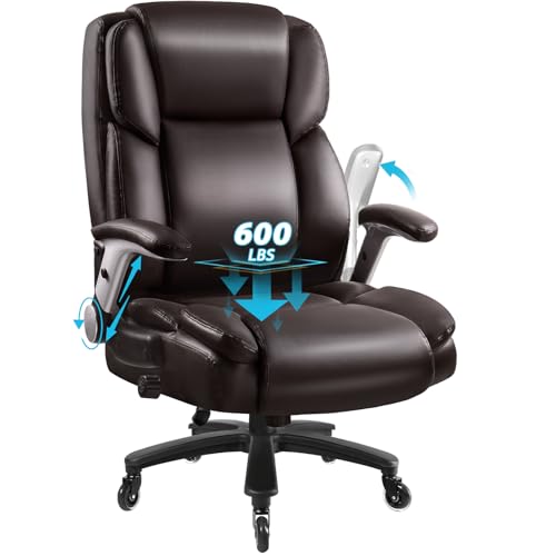 Image of Big and Tall Office Chair 600lbs, Heavy Duty Executive Office Chair for Heavy People, Brown High Back Office Leather Ergonomic Chair with Adjustable Armrests and Lumbar Support for Computer Desk Chair