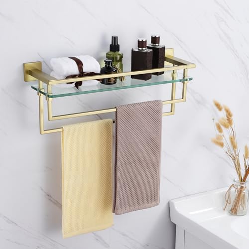 LANC Bathroom Glass Shelf with Towel Bars 20-Inch Floating Tempered Glass Shelves with 2 Towel Rails Brushed Gold Cologne Shelf for Men Shower Bath Storage Glass Rack Wall Mount Heavy Duty，A7617BG by LANC - Image 4