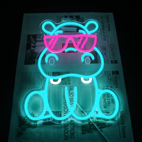 Image of Hippo with Pink Sunglasses Neon Sign Cute Animal LED Sign for Bedroom Decor