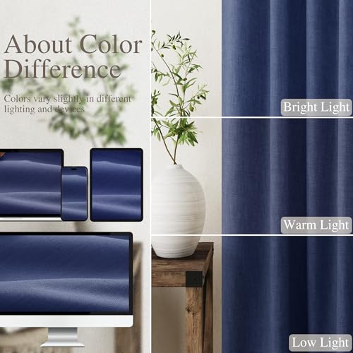 Image of Classic Blue 100% Blackout Linen Curtains for Bedroom 90 Inches Long Back Tab Thermal Insulated Modern Coastal Decor Black Out Curtain for Living Room Dining Room Rod Pocket Drapes 52x90, 2 Panels