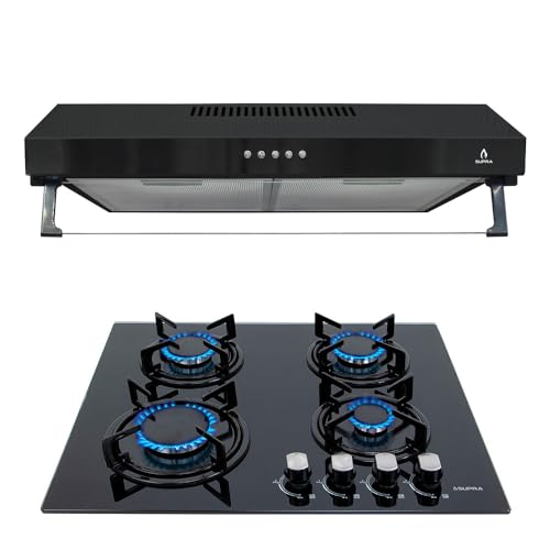 Combo empotrable Kenso, Parrilla a gas de 4 quemadores para empotrar de 60 cm Mod. KAYSER marca Michef, Campana extractora de tipo pared en acero color negro de...