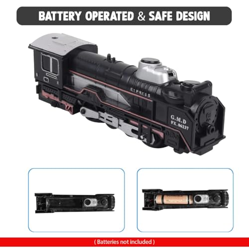 Image of VU Toys Big Black Train Set - Battery Operated Engine with Coal, Passenger Coach, Gray & Yellow Container Coaches and Round & Straight Track-Toy Train with Lights & Sound for Kids (3+ Years)