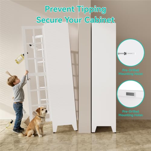 Image of Metal Storage Cabinet with Glass Doors and Adjustable Shelves | 71 inch Tall Pantry Cabinet for Kitchen Dining Room Bathroom Garage,White,1 Pce