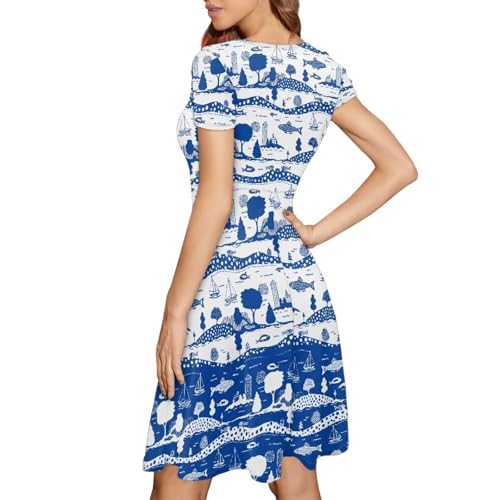 Image of HUGS IDEA Womens Puffy Swing Midi Dress Round Neck Short Sleeve Party A-Line Dresses